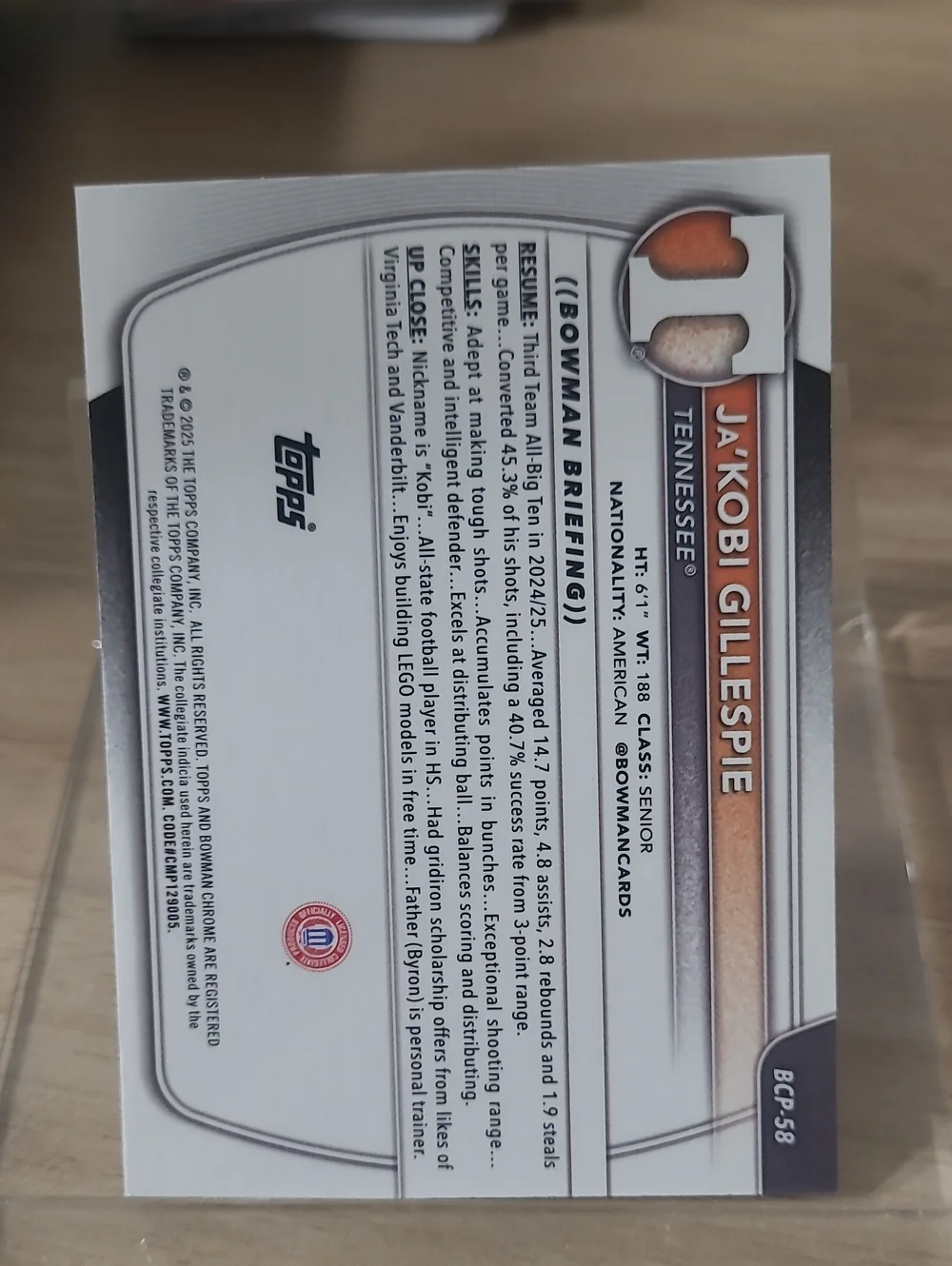 Bowman Chrome Ja'Kobi Gillespie Tennessee Volunteers  - 2025 Bowman Chrome - Picture 2 of 2